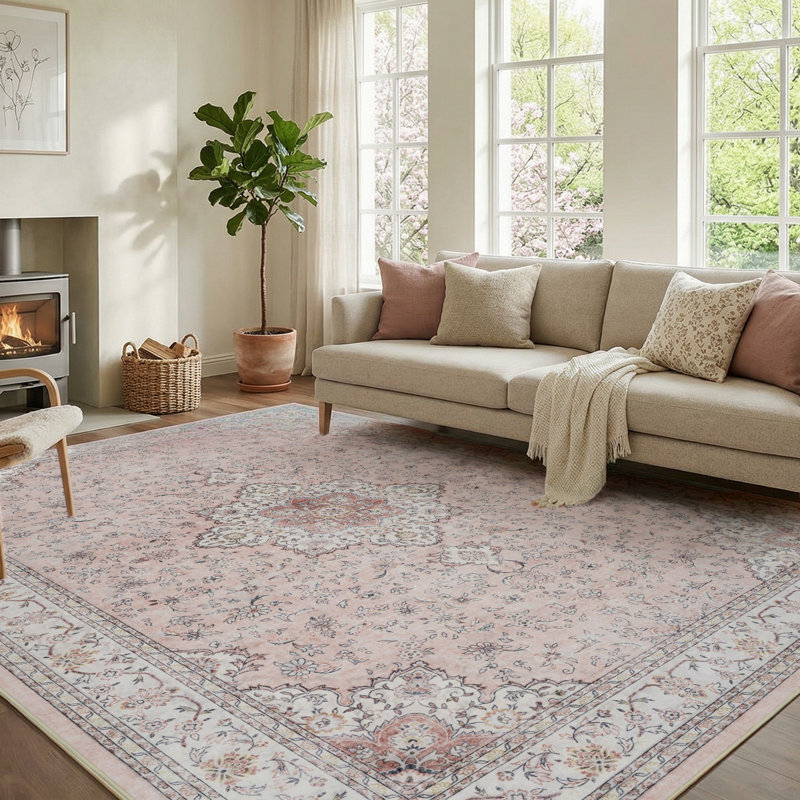 Tapis floral lavable antidérapant à motif floral, Rectangle 6 pi x 9 pi