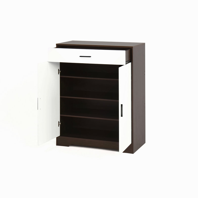 Range-chaussures, range-chaussures à 4 niveaux avec 1 tiroir, range-chaussures autoportant en bois avec 2 portes blanches et tablettes réglables pour le vestibule
