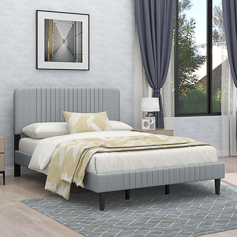 Upholstered Metal Bed, Full / Double, Light Gray