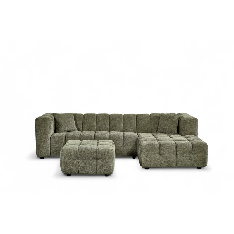 5 Seater Corner Sofa , Ottoman Included, Right Hand Facing, Green
