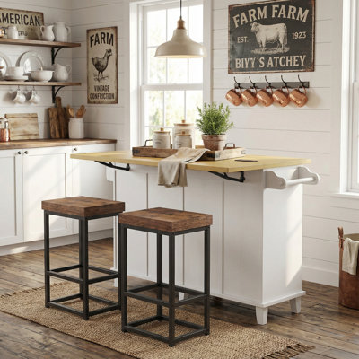 Îlot de cuisine Farmhouse avec abattant, armoire de rangement, tiroirs, prise de courant et 2 tabourets de salle à manger