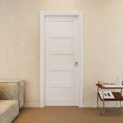 Interior 5-Panel Sliding Closet Door Solid Core Sliding Pocket Pantry Door With Privacy Pocket Lock / Soft Close -  Home Worthy, RMD086SLPW2480PKDSLIVER