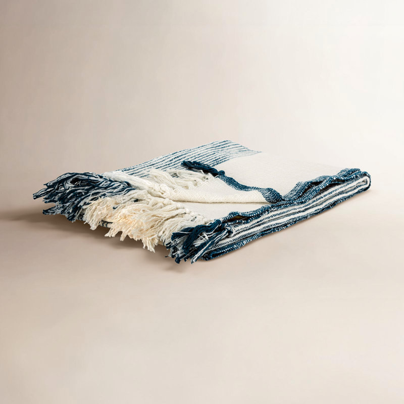 Jeté 100% coton Hopkins, Ivoire / bleu sarcelle