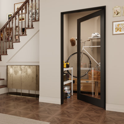 Intérieur 1-Lite cadre noir et porte en verre transparent, porte pré-montée en panneau de fibres à densité moyenne CARB P2 avec verre trempé SGCC, avec trousse de joint, bande d'étanchéité, charnières noires et ouverture à droite, pré-fini et résistant aux rayures, garde-manger, chambre à coucher, salle de bain et garde-robe , 32 po x 80 po