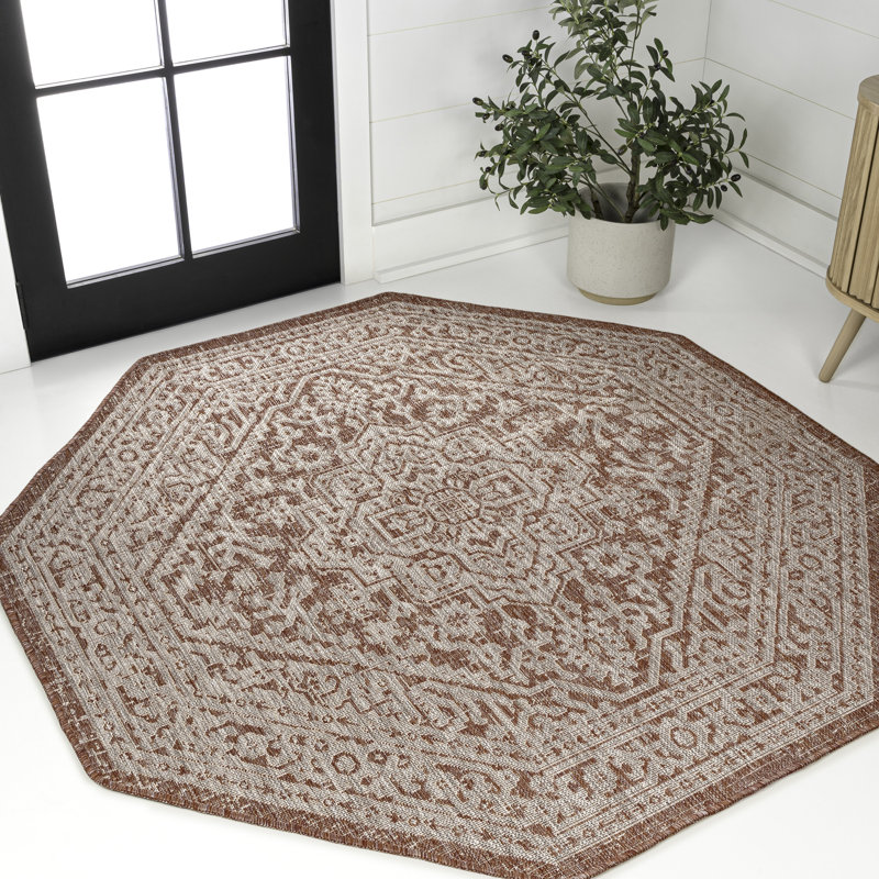 Moten Medallion Textured Weave Red/Taupe Indoor/Outdoor Rug, Octagon 7'9"