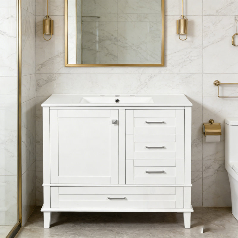 Armoire de salle de bain avec lavabo, 3 tiroirs et 1 porte à fermeture en douceur, Blanc