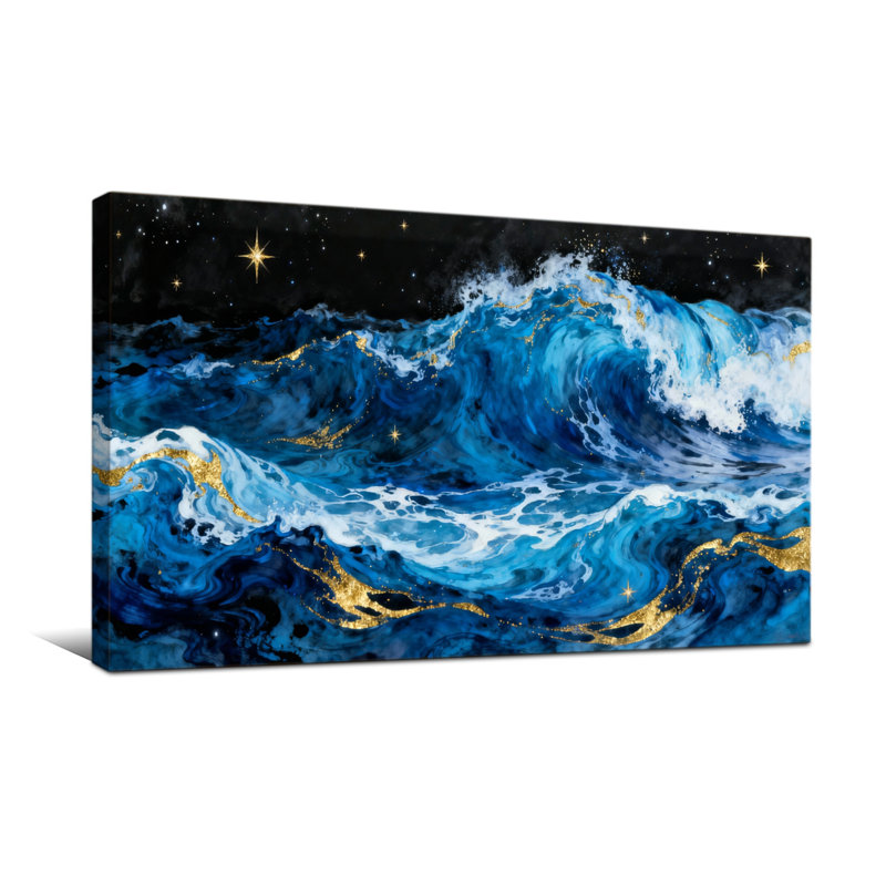 Vagues océaniques et nautiques avec accents dorés et étoiles, H 20 po x l 40 po