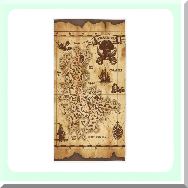 TreasureQuest Hand Towels - 30x15 Inch Pirate Map Design for Bath, Gym, Yoga, and Kitchen Decor