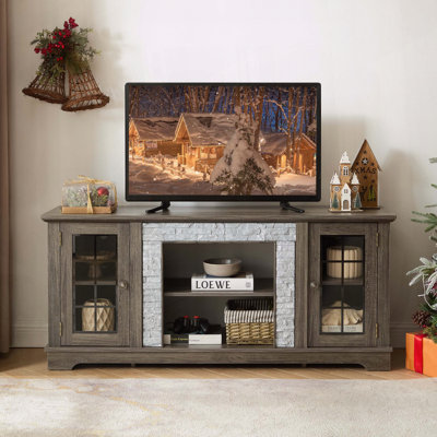 Modern TV Stand with Faux Stone Accents and 2-Door Storage