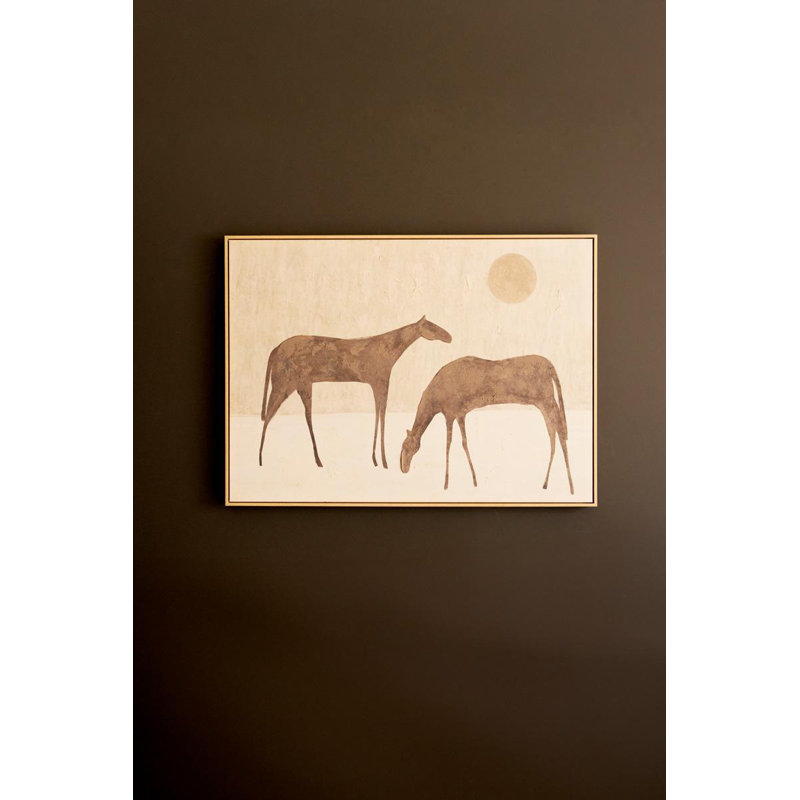  Wood Framed Canvas Painting Two Horses With Sun Decorative Wall Accent For Home Decor Natural Finish