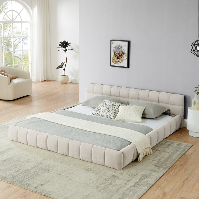 Structure de lit tapissier avec tissu épais, lit plateforme en chenille avec tête de lit et structure solide. Aucun sommier tapissier requis