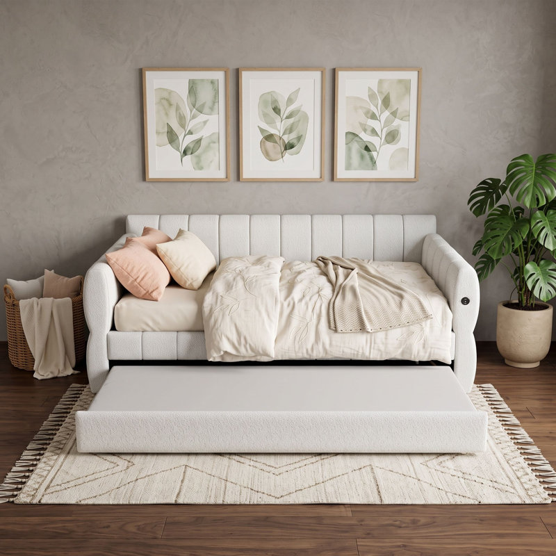 Grand lit de jour rembourré avec ports USB intégrés et lit gigogne, Blanc