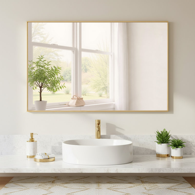 Modern & Contemporary Rectangle Bathroom Vanity Mirror Metal Framed Wall Mirror, Gold, 40" x 24"