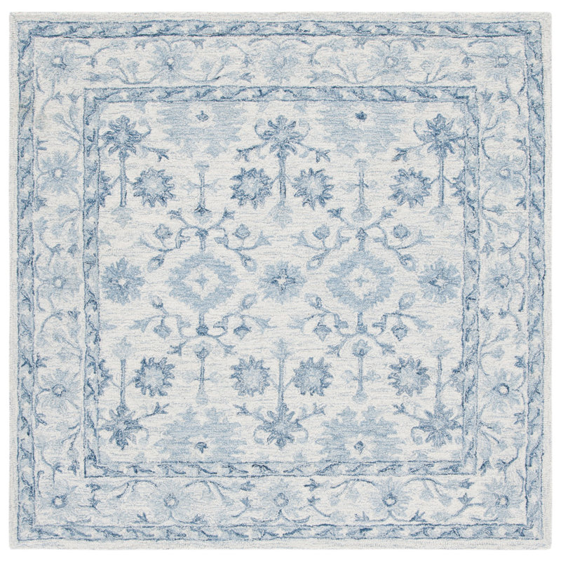 Lethe Oriental Handmade Tufted Wool Blue/Ivory Area Rug, Square 5'
