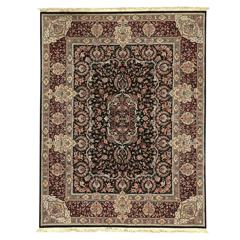 Tapis noir et rouge noué à la main de haute qualité