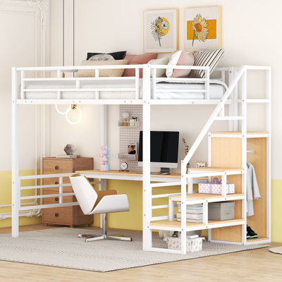 Full Size Metal Loft Bed with Desk, Storage Staircase & Small Wardrobe – Kids & Teen Space-Saving Bed by Ivy Bronx