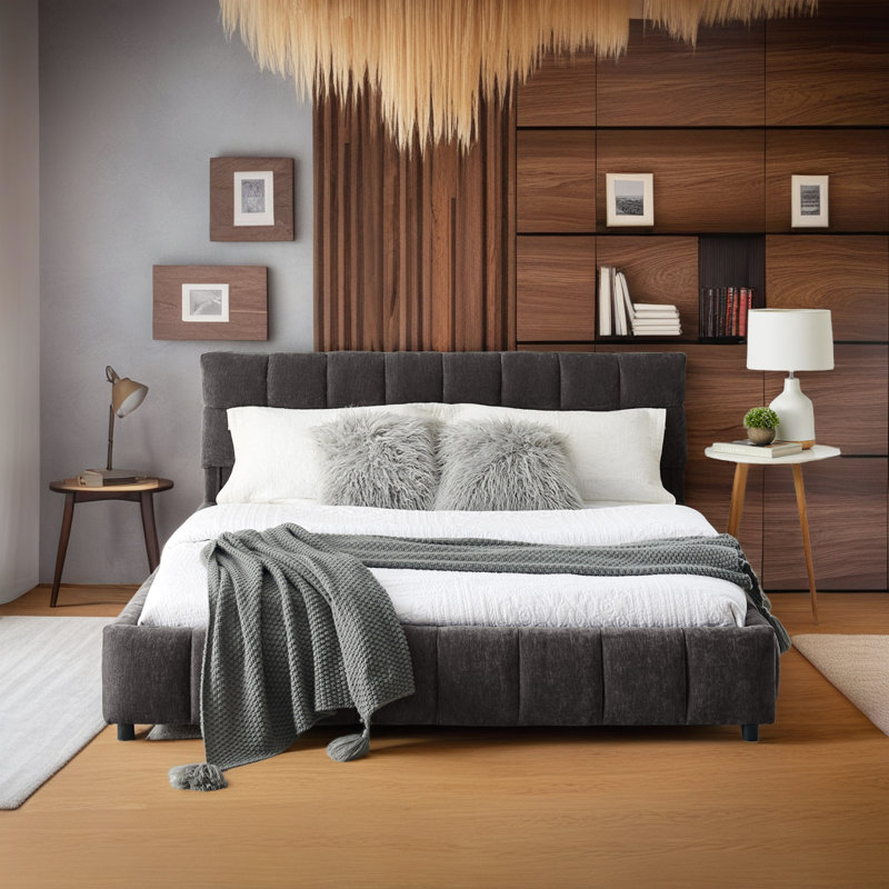 Structure de lit tapissier en chenille moderne avec tiroirs de rangement, Grand lit, Gris foncé