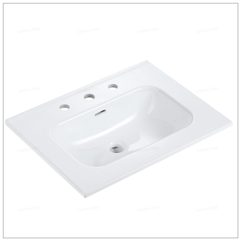 Évier en céramique blanc brillant avec trois trous de robinet pré-percés pour une salle de bain ou une cuisine élégante