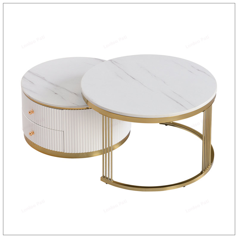 Modern Nesting Coffee Table Set with Drawers, Offering Flexible Arrangement and Convenient Storage for Contemporary Living Spaces.