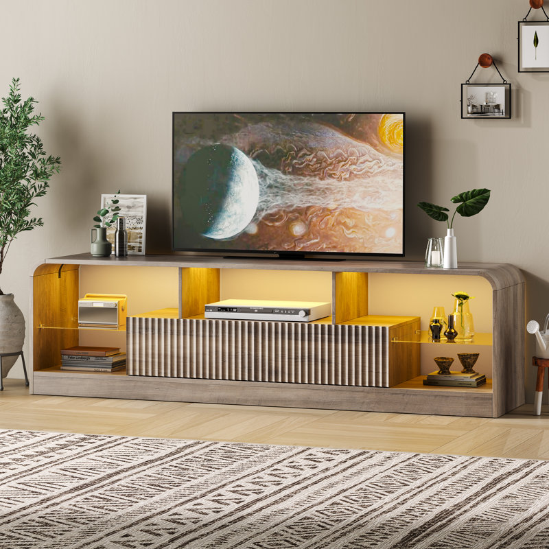 Meuble télé l 63 po avec station de charge et lumière DEL, console multimédia côtière avec 2 tiroirs, Gris