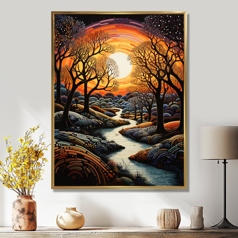 Décoration murale Enchanted Forest Blue Stream - rivière, Toile avec cadre flottant or, H 40 po x l 30 po x P 1,5 po