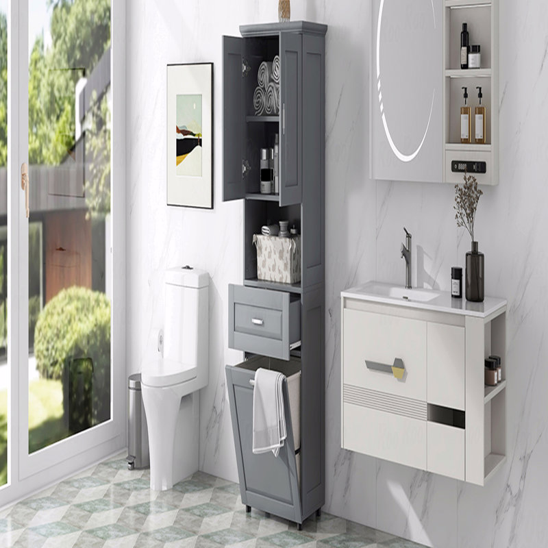 Grande armoire de salle de bain avec panier à linge, grand panier à linge inclinable et armoire de rangement supérieure, Gris