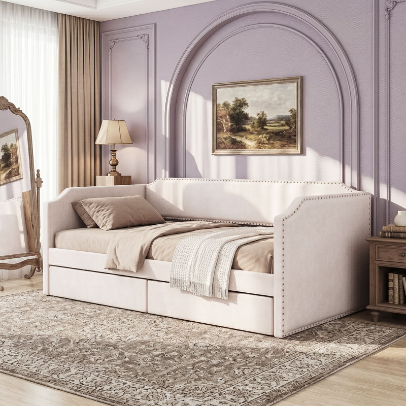 Twin 2 Drawers Upholstered Daybed with Slats, Beige