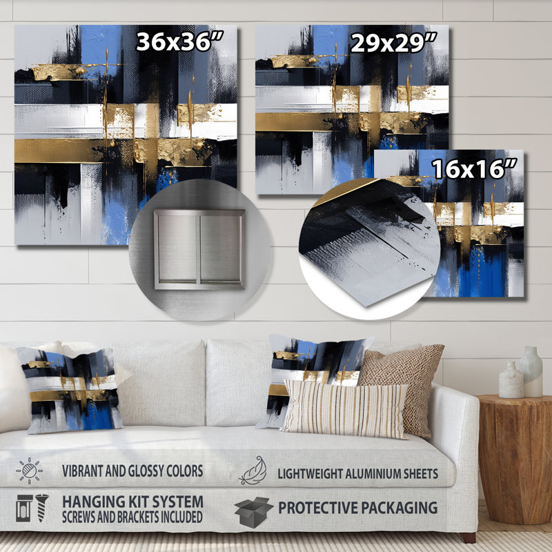 Gold And Blue Paint Elegance III - Abstract Collages Metal Wall Art, 36" H x 36" W