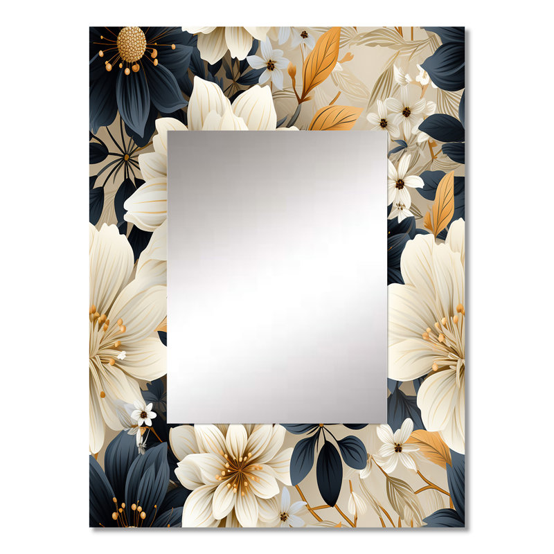 Blue And Beige Flowers Chrysanthemums Pattern - Floral Mirror Wall Decor, 32" x 24"
