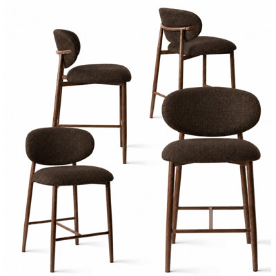 25.5” Modern Chenille Counter Stools With Barrel Back And Wood-Look Metal Legs, Set Of 4