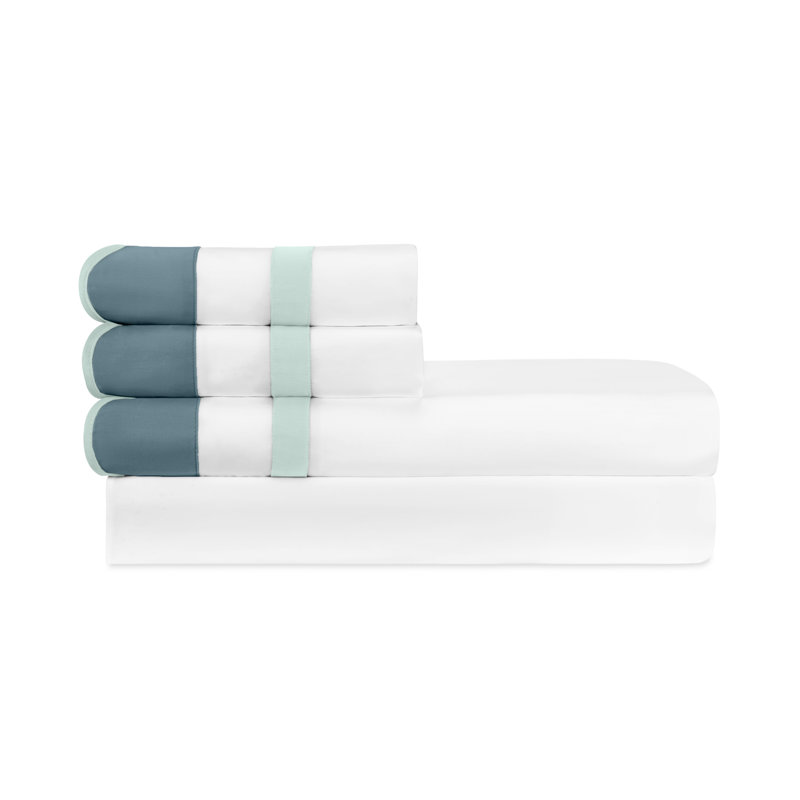 Portofino Sateen Sheet Set, White/Teal/Eucalipto, Full Sheet Set + 2 Pillowcases