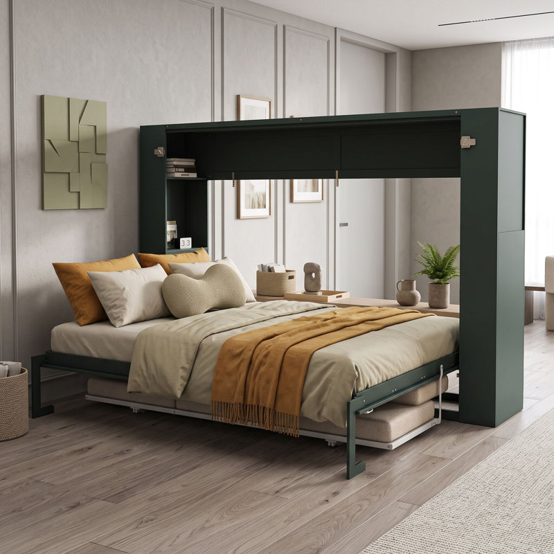 Lit escamotable double en bois avec canapé rembourré, tablettes de rangement et station de charge USB, Vert et beige