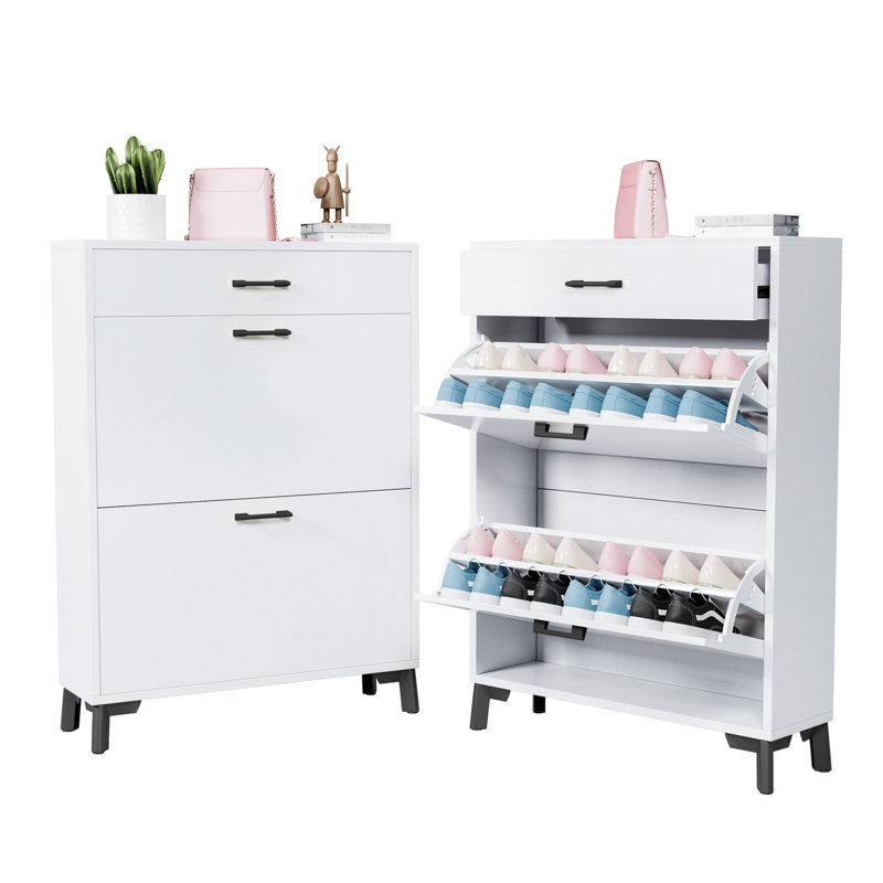 Étagère à chaussures pour hall d'entrée - 2 tiroirs rabattables, blanc, grand espace et rangement de rangement blanc pour porte