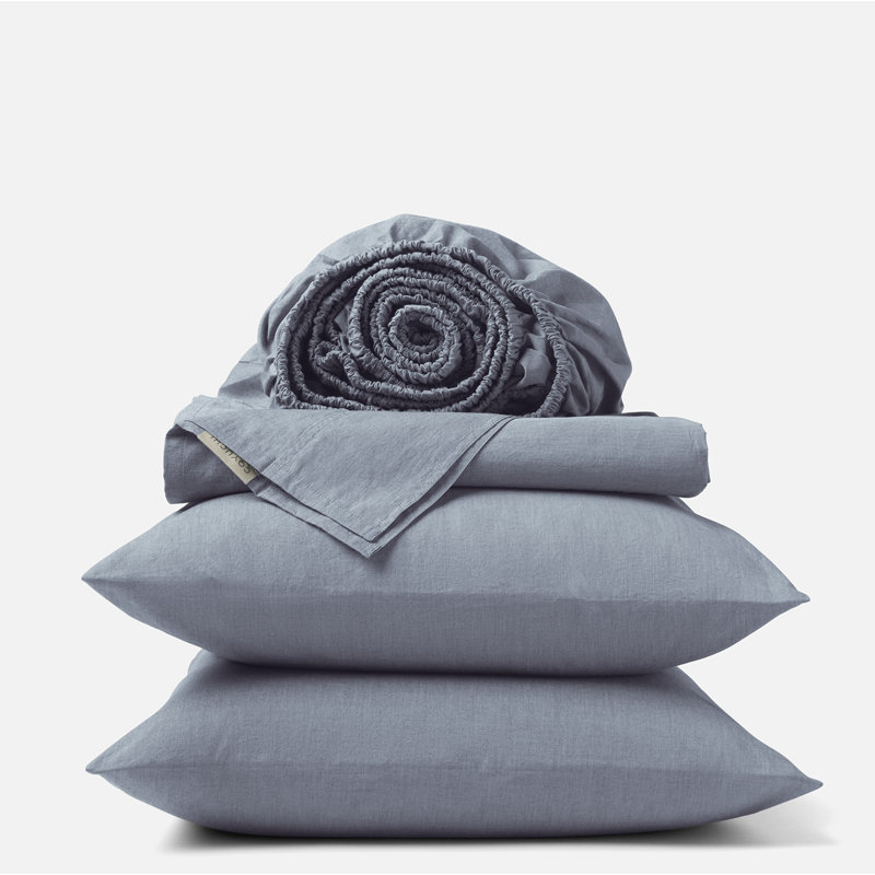 Organic Crinkled Percale Sheet Set, Queen Sheet Set with 2 Pillowcases, Indigo Chambray