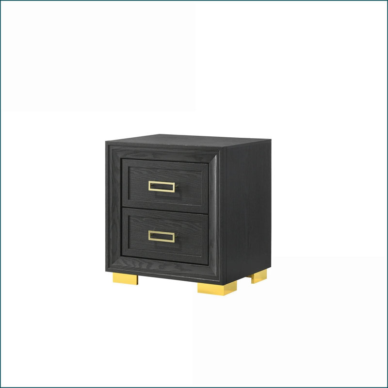 Table de chevet 2 tiroirs Modern Glam avec finition or noir et quincaillerie dorée