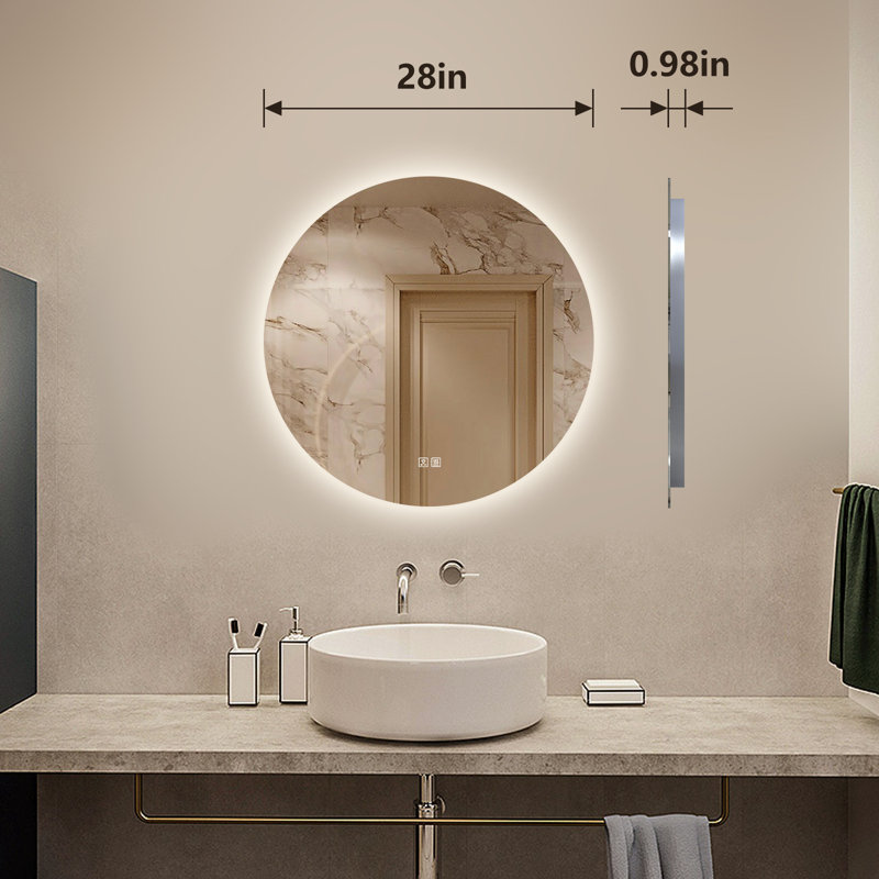 Orren Ellis Round Frameless Lighted Bathroom/Vanity Mirror Dimmable ...