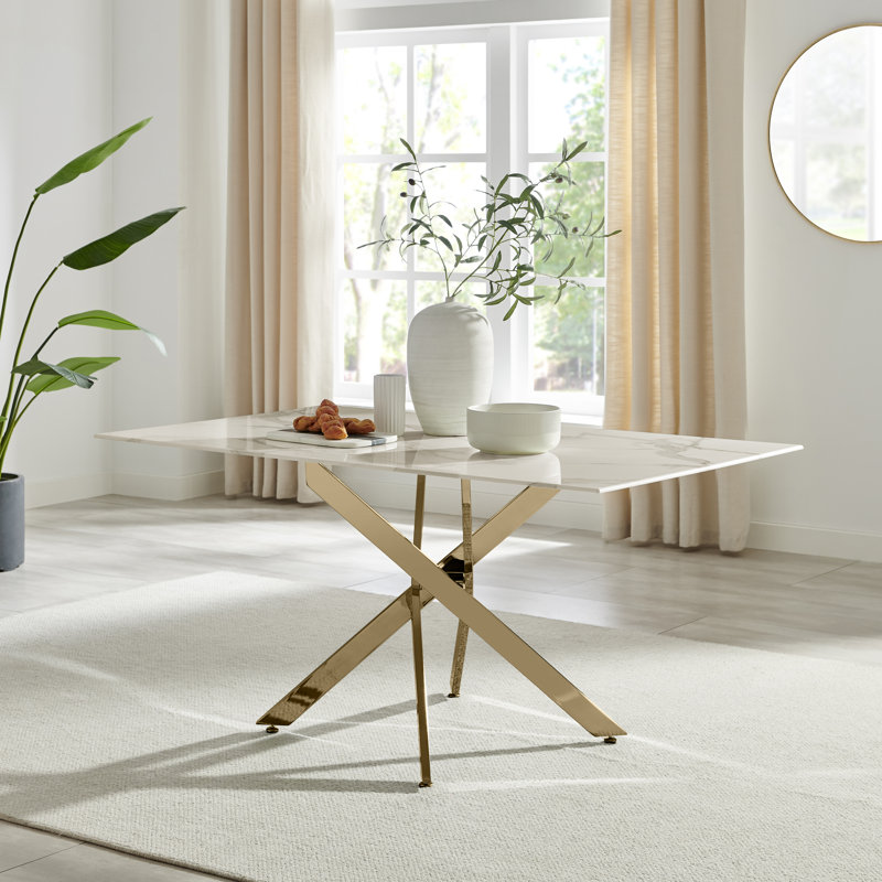 Chanden Luxury Marble Effect Glass 6 Seater Dining Table - Modern Statement Design, White, Gold
