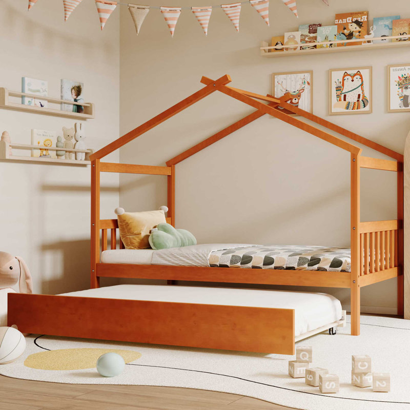 Walnut Twin House Bed with Trundle Solid Wood Frame Space Saving Kids Bedroom