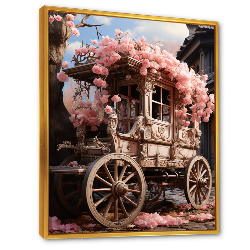 Romantisme, chariot de mariage rose I, Cadre flottant doré, H 32 po x l 24 po