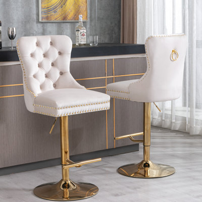 27-35 pouces réglables - beige, velours rembourré avec dossier confortable, pour les tabourets de pub et de cuisine de 2 velours beige, hauteur, tiroirs faits à la main, plus grande base stable de 17,7 pouces,