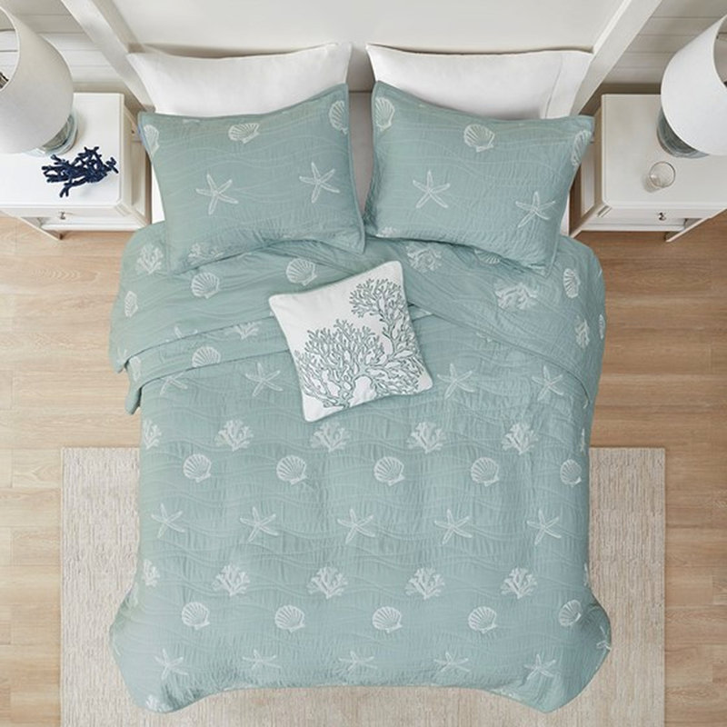 4 pièces de courtepointe en coton pour très grand / très grand. Étoile de mer brodée. . Prélavé. Nettoyage simple. Lavable à la machine. Literie côtière. Très grand. .