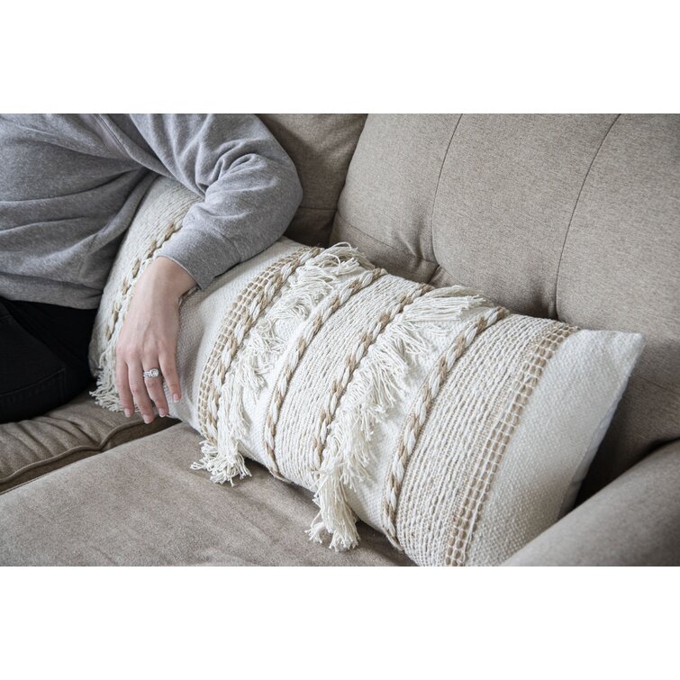 Grey & White Hand Woven Pillow With Fringe - H U N T E D F O X