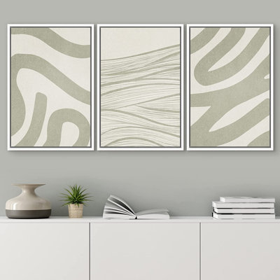 " Geometric Green Paint Stroke Wave Collage Abstract Shapes Illustrations " 3 - Pieces Painting Print