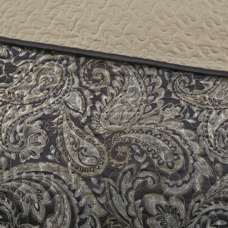 Couvre-lit pour grand lit 5 pièces - noir avec motif cachemire actualisé et texture douce et confortable, Black