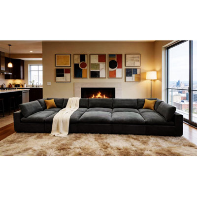 Coffee Bean Like Upholstery Full Compressed Modular Sectional With Toss Pillows