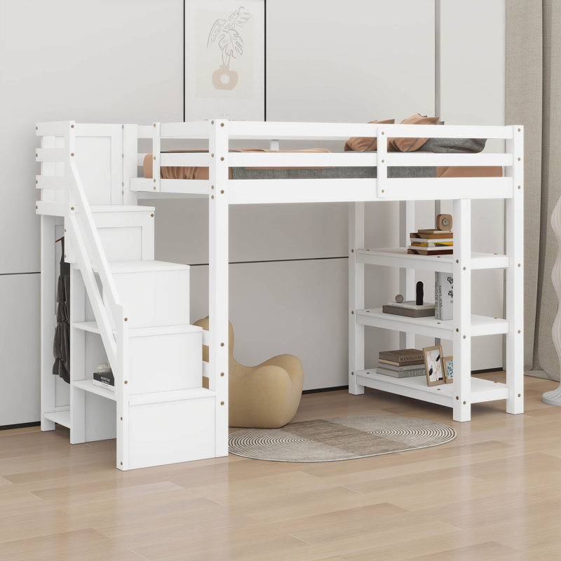Lit mezzanine avec escalier de rangement, tablettes à 3 niveaux et garde-robe, éclairage DEL, Lit simple