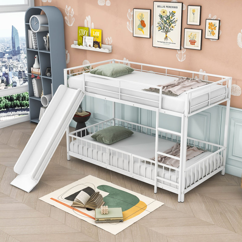 Twin Over Twin Metal Bunk Bed With Slide, Convertible Loft Design And Safety Guardrail, White