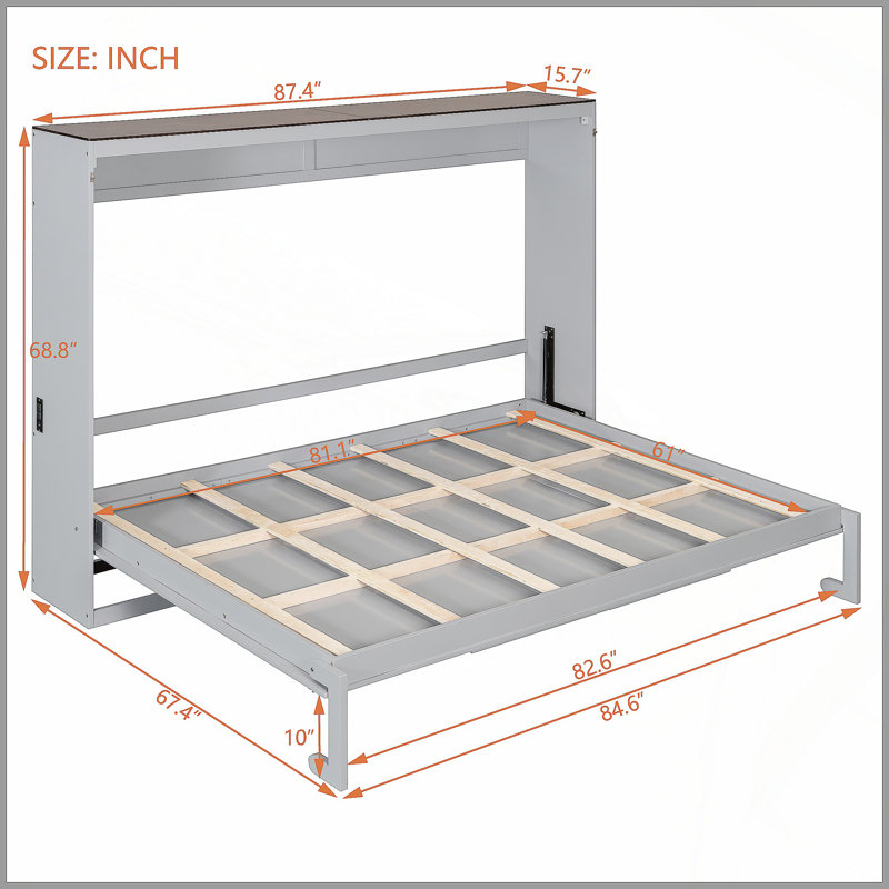 Grand lit escamotable mural et USB, gris, Gris
