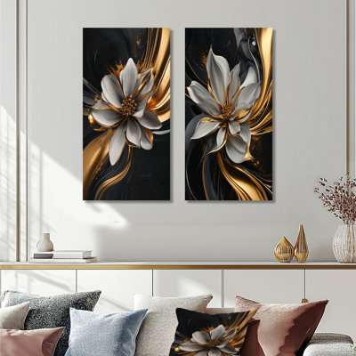 Golden Dahlia Petal Geometric III - Art mural floral, collection 2 panneaux