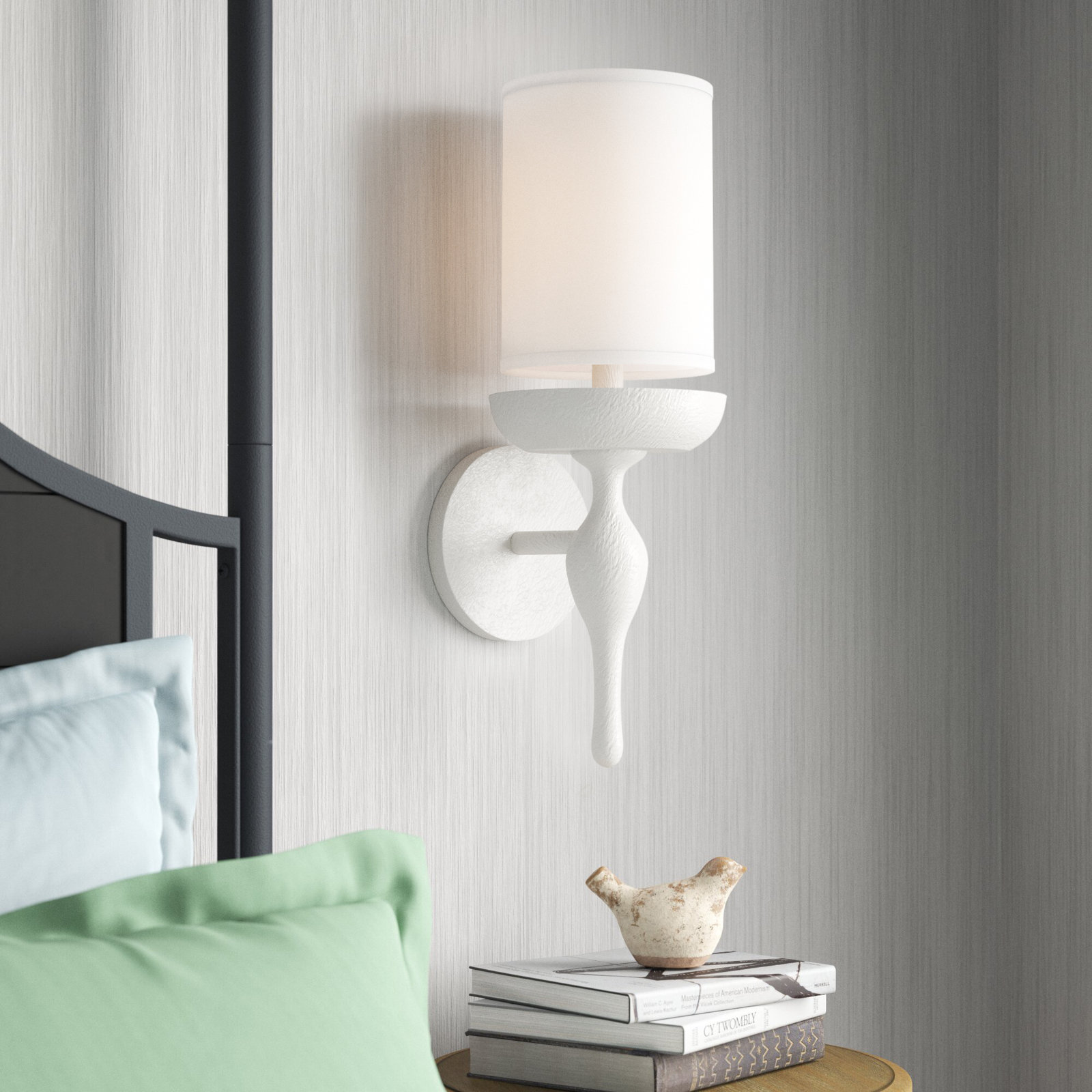 Single Light Plaster Armed Sconce, White Plaster